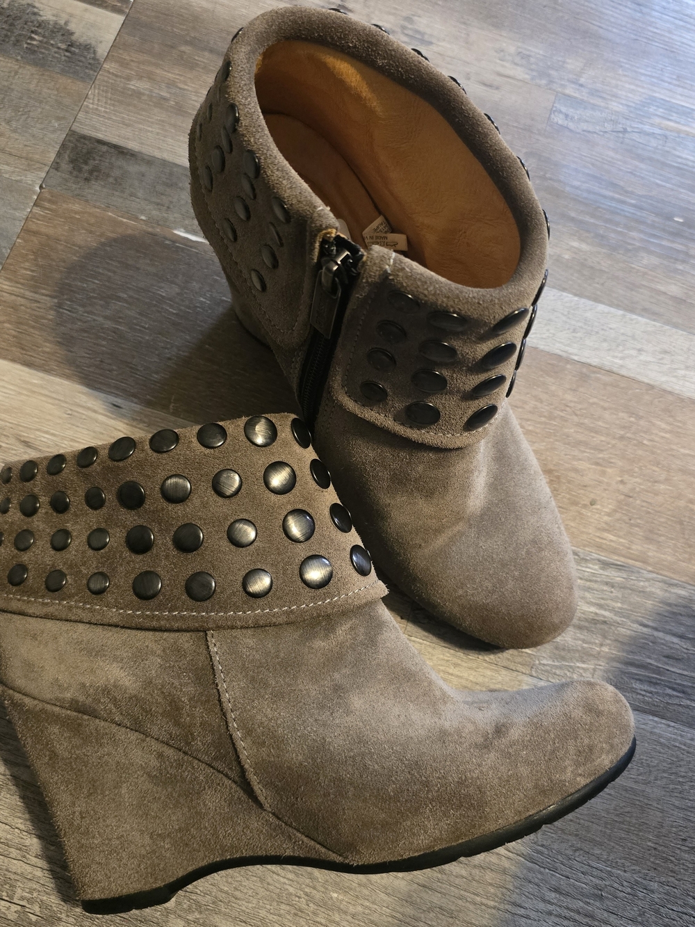 bussola Taupe Suede Studded Wedge Ankle Boots